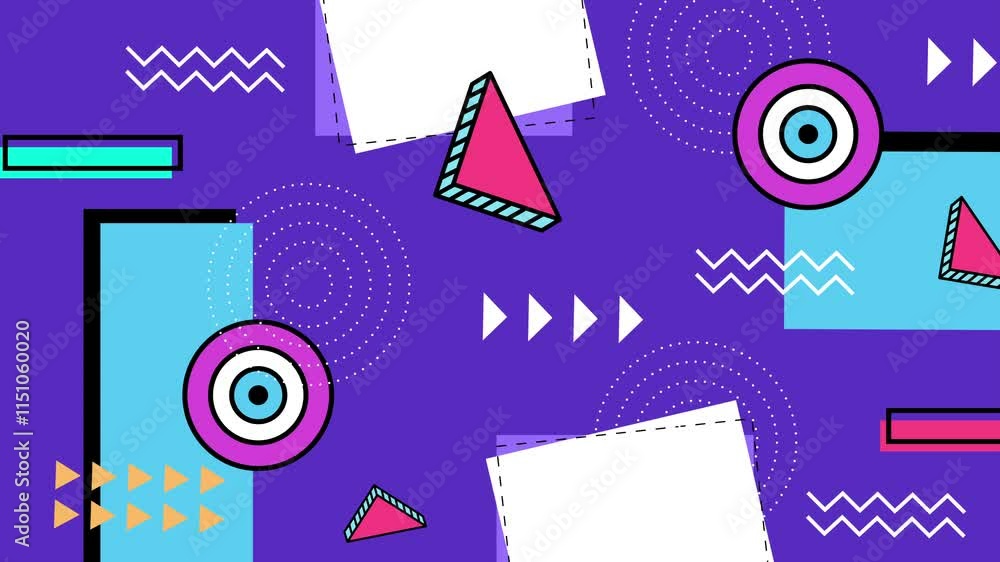 colorful abstract geometric design with retro art shapes on dynamic purple background seamless 4k video background motion pop art design colorful abstract geometric design with retro art shapes on dynamic purple background seamless 4k video background motion pop art design