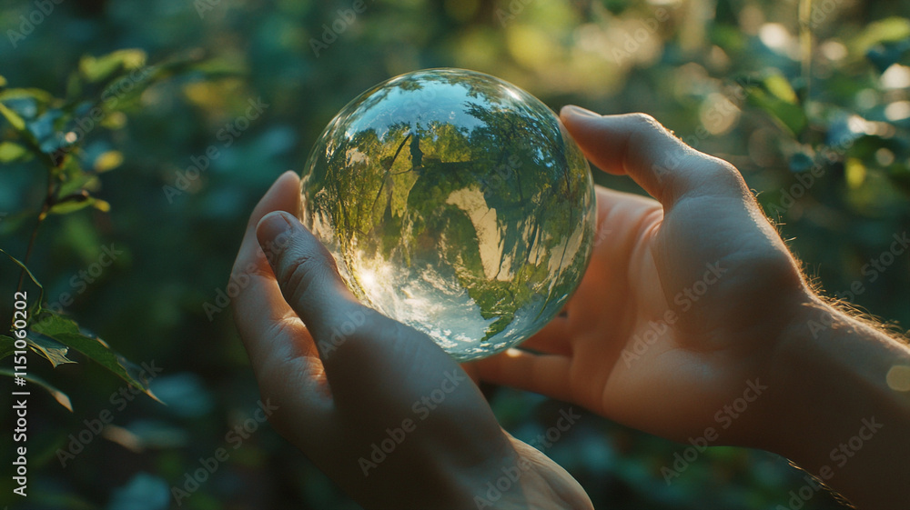 Hands Holding Crystal Globe Reflecting Lush Forest Hands Holding Crystal Globe Reflecting Lush Forest