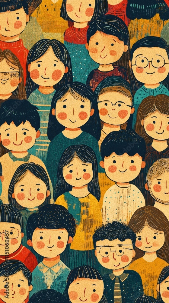 Whimsical illustration of diverse smiling faces in a colorful and textured hand-drawn style. Community and diversity concept
Whimsical illustration of diverse smiling faces in a colorful and textured hand-drawn style. Community and diversity concept