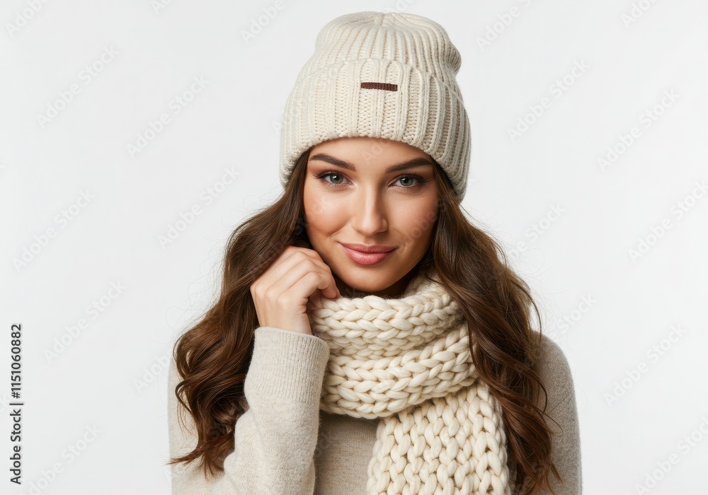 Portrait of young woman, cream knit beanie hat, cream chunky knit scarf, long brown hair Portrait of young woman, cream knit beanie hat, cream chunky knit scarf, long brown hair