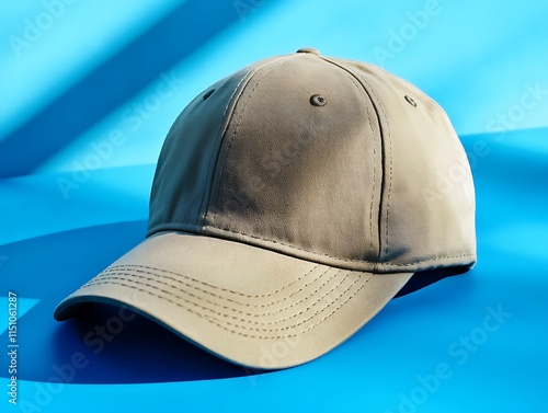 A classic baseball cap displayed on a bright blue surface photo