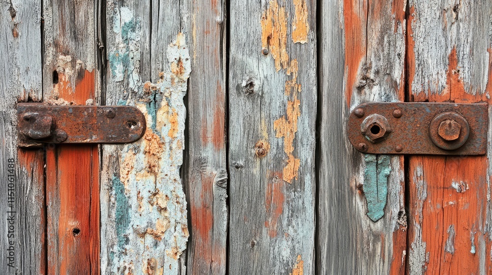Weathered wooden door with peeling paint and rusty metal hinges creating a rustic and vintage aesthetic. Old architecture concept
Weathered wooden door with peeling paint and rusty metal hinges creating a rustic and vintage aesthetic. Old architecture concept