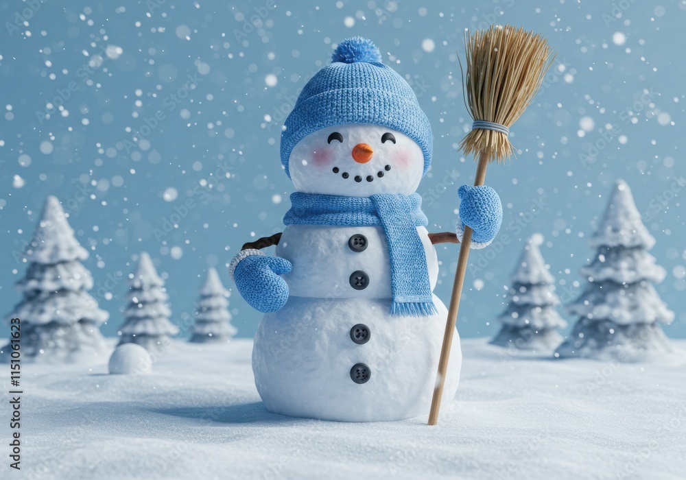 Fototapeta premium Cheerful snowman, blue knit hat, scarf, mittens, holding broom, snow-covered landscape