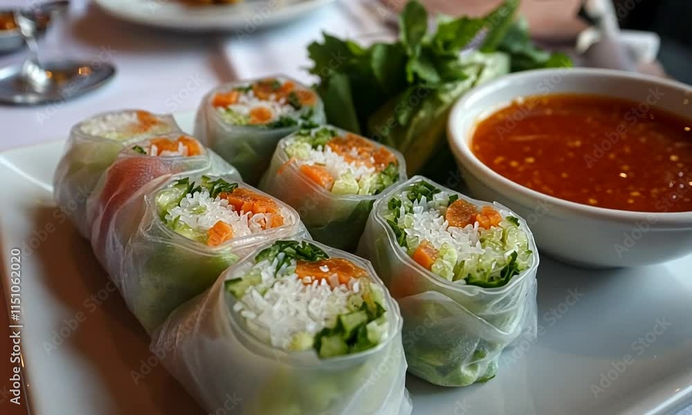 Fresh spring rolls with vegetables and a dipping sauce on a plate. Fresh spring rolls with vegetables and a dipping sauce on a plate.