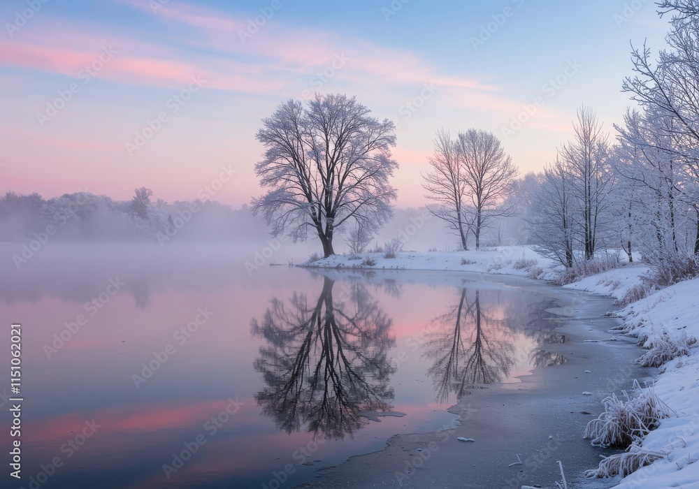 Winter wonderland, serene frozen lake, snow-covered trees, misty atmosphere, soft pink Winter wonderland, serene frozen lake, snow-covered trees, misty atmosphere, soft pink