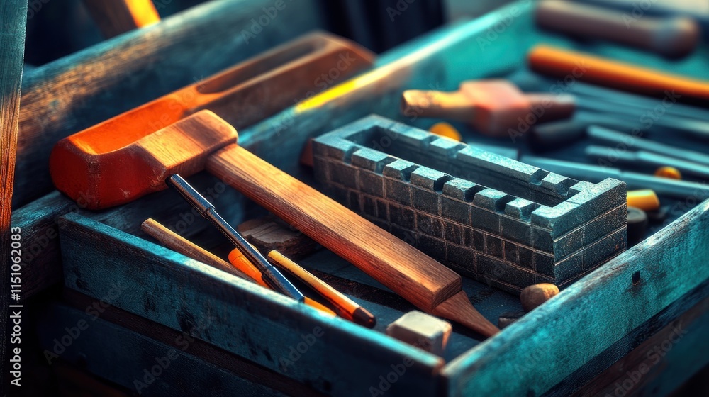 Naklejka premium Assorted tools in a vintage toolbox.