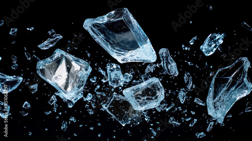 Close-up of shattered ice cubes on a dark background, showcasing texture and clarity. photo