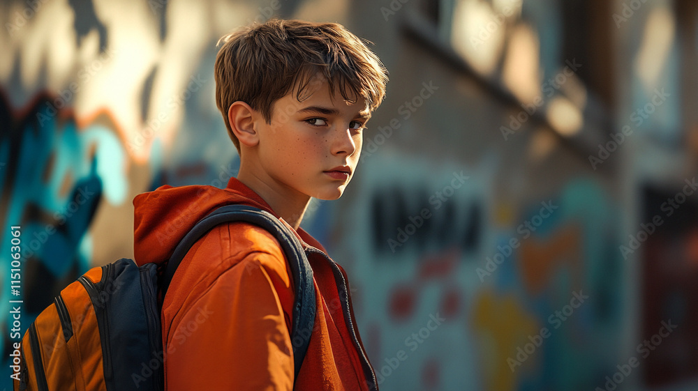 Naklejka premium Teen Boy Backpack Urban Street Portrait Graffiti Background