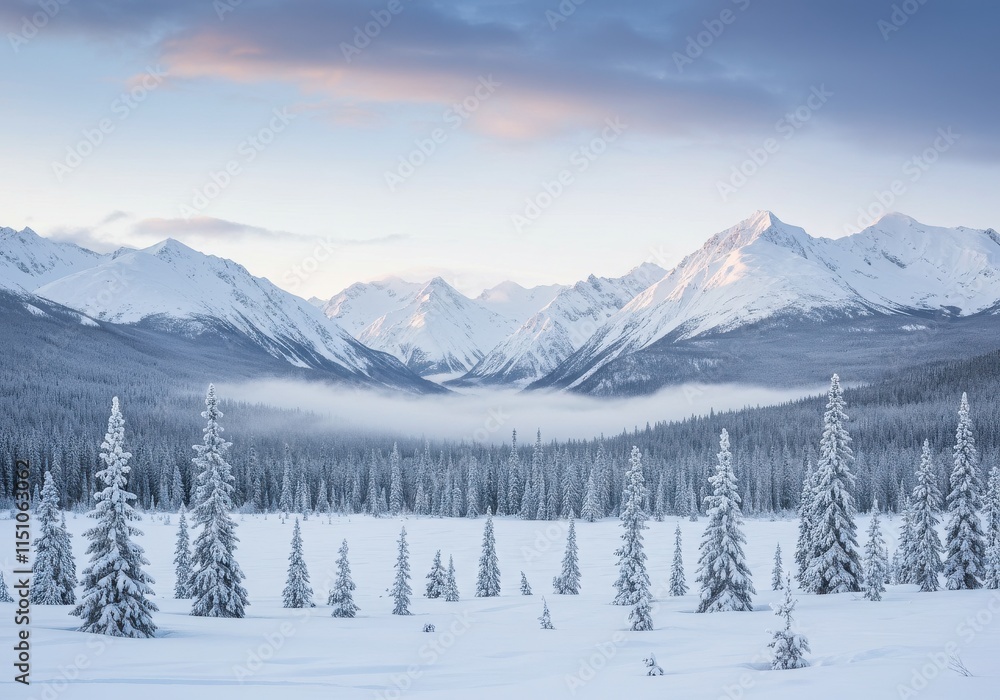 Fototapeta premium Winter wonderland, snow-covered mountains, misty peaks, frosted pine forest, panoramic