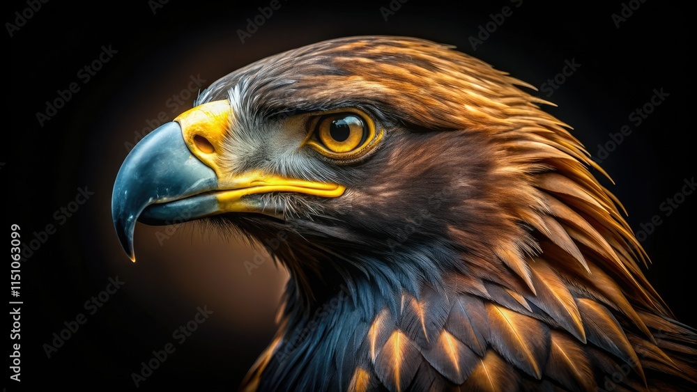 Obraz premium Intense golden eagle close-up, isolated on black, showcasing striking eye detail; powerful wildlife photography.