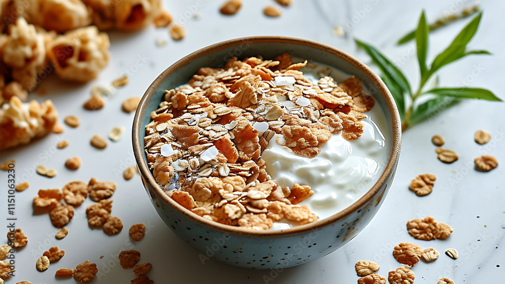 Close up of a bowl of yogurt and granola, a healthy and delicious breakfast option. Perfect for promoting healthy eating habits and a balanced diet. Close up of a bowl of yogurt and granola, a healthy and delicious breakfast option. Perfect for promoting healthy eating habits and a balanced diet.