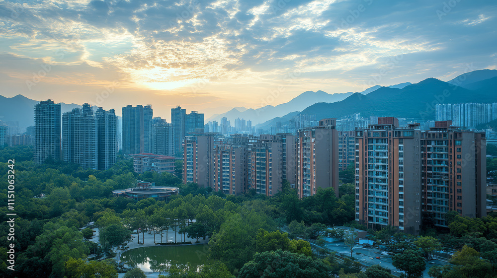 Obraz premium stunning skyline view showcasing modern buildings against backdrop of mountains and vibrant sunset. lush greenery adds to serene atmosphere