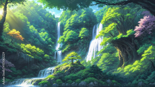 Illustration of an anime landscape background capturing a majestic waterfall cascading into a sparkling pool, surrounded by vibrant flora..