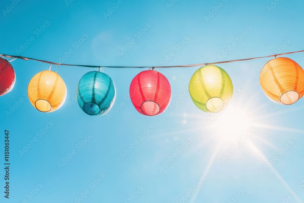 Colorful Paper Lanterns Hanging Against a Brilliant Blue Sky with Bright Sunlight Creating a Joyful and Vibrant Atmosphere for Celebrations and Festive Events Colorful Paper Lanterns Hanging Against a Brilliant Blue Sky with Bright Sunlight Creating a Joyful and Vibrant Atmosphere for Celebrations and Festive Events