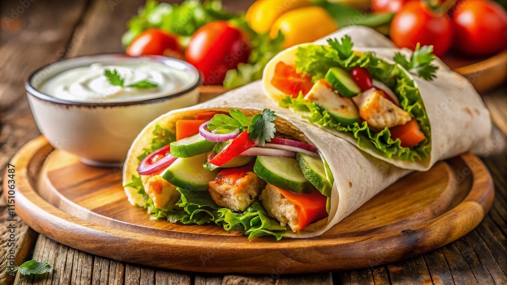 Aerial View Chicken Wraps, Vegetable Wraps, Yoghurt Dip, Food Photography, Gourmet Wraps, Delicious Meal Aerial View Chicken Wraps, Vegetable Wraps, Yoghurt Dip, Food Photography, Gourmet Wraps, Delicious Meal