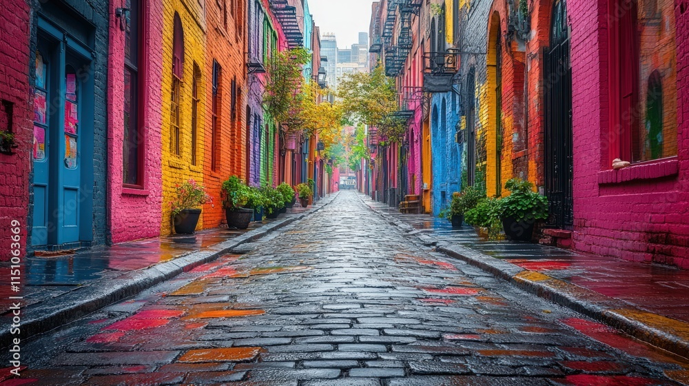 Fototapeta premium Rainbow-hued alley, cobblestone street, wet, vibrant.