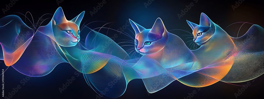 Naklejka premium Three ethereal cats float on colorful, wavy streams.
