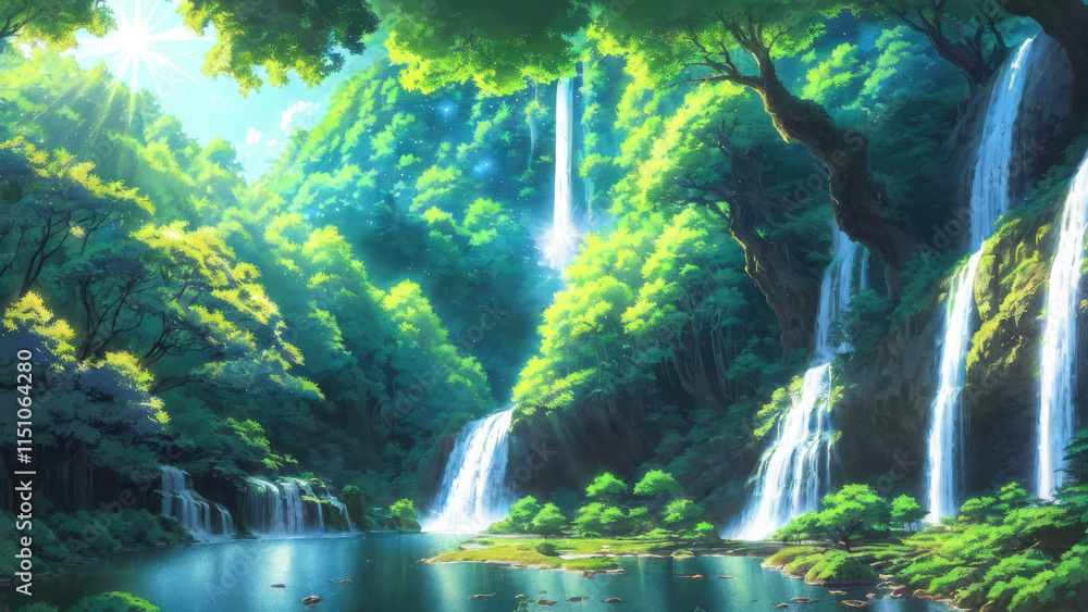 Fototapeta premium Illustration of an anime landscape background capturing a majestic waterfall cascading into a sparkling pool, surrounded by vibrant flora..