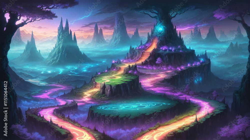 Fototapeta premium Illustration of an anime landscape background filled with fantasy adventure vibes, featuring glowing paths winding through mystical terrain..