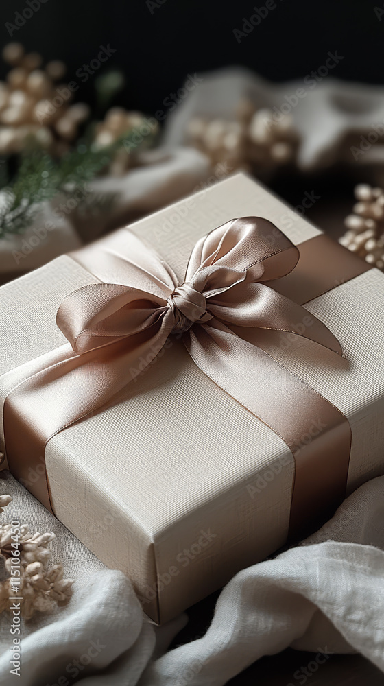 Elegant gift box wrapped in satin ribbon, surrounded by decorative elements. Perfect for special occasions and celebrations, adding touch of sophistication Elegant gift box wrapped in satin ribbon, surrounded by decorative elements. Perfect for special occasions and celebrations, adding touch of sophistication