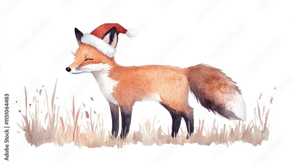Obraz premium Whimsical Fox Cub in Red Santa Hat Watercolor for Festive Projects and Holiday Illustrations