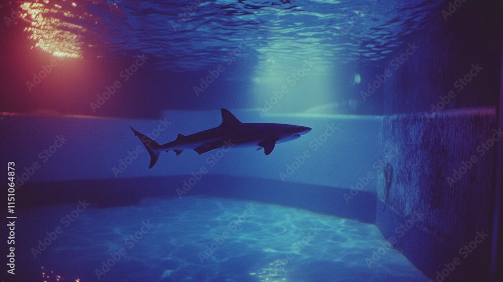 Obraz premium Underwater Shark Silhouette Oceanarium Aquarium Marine Life Blue Water