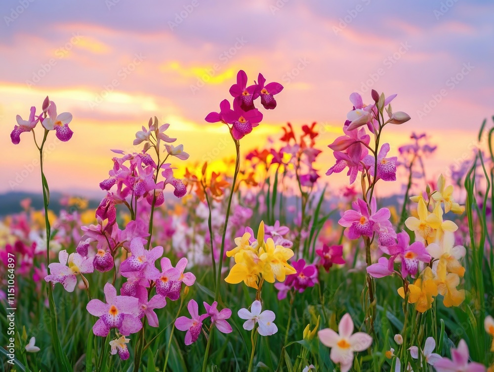 Fototapeta premium Field of flowers at sunset