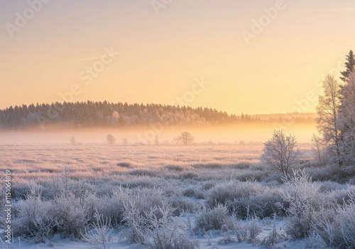 Winter landscape, snowy forest, frosted trees, golden sunrise, misty morning, panoramic view photo