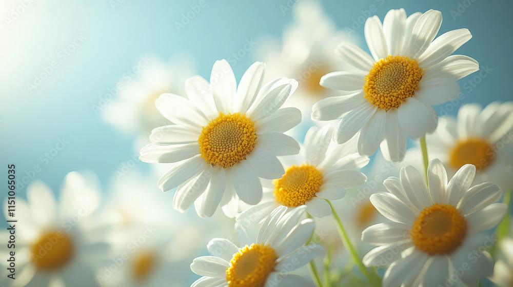 Fototapeta premium close up of cluster of wild daisies swaying gently in breeze, showcasing their vibrant white petals and bright yellow centers, creating serene and cheerful atmosphere