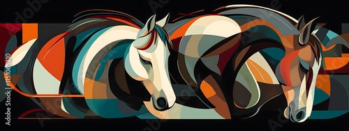 Abstract geometric artwork featuring two horses in vibrant colors. photo