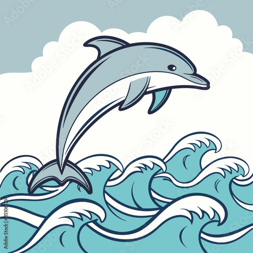 Vibrant vector artwork of a Bottlenose Dolphin leaping gracefully over sea waves.