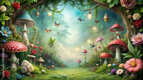 Enchanting Alice in Wonderland background with whimsical elements , fantasy, magical, fairytale, surreal, mysterious