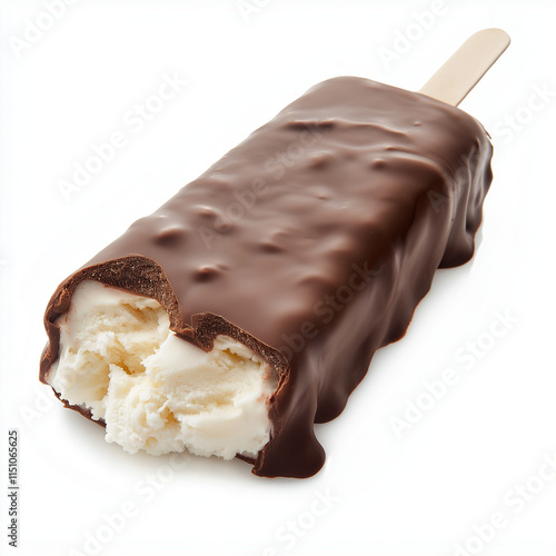 Ice cream bar chocolate coated with a bite taken isolated on a white background