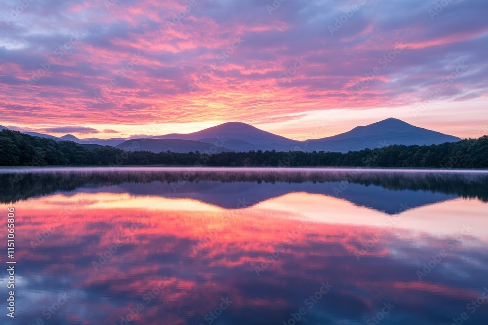 Serene Sunset Over Calm Lake With Vibrant Colors Reflecting Mountains and Clouds in the Background, Offering a Peaceful and Tranquil Natural Landscape Scene Serene Sunset Over Calm Lake With Vibrant Colors Reflecting Mountains and Clouds in the Background, Offering a Peaceful and Tranquil Natural Landscape Scene