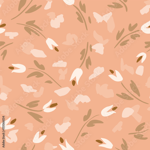 Painted fragments put together as beautiful garden of flowers and leaves in subtle palette of off white, pink, cream and green on peach background. Floral seamless vector pattern. Great for home decor