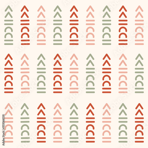 Simple and minimal cookie houses forming a vertical stripe pattern in color palette of red, pink and green on off white background. A Christmas seamless vector pattern. Great for giftwrap, fabric.