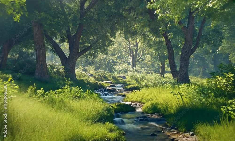 A serene forest scene with a stream flowing through lush greenery and sunlight filtering through trees. A serene forest scene with a stream flowing through lush greenery and sunlight filtering through trees.