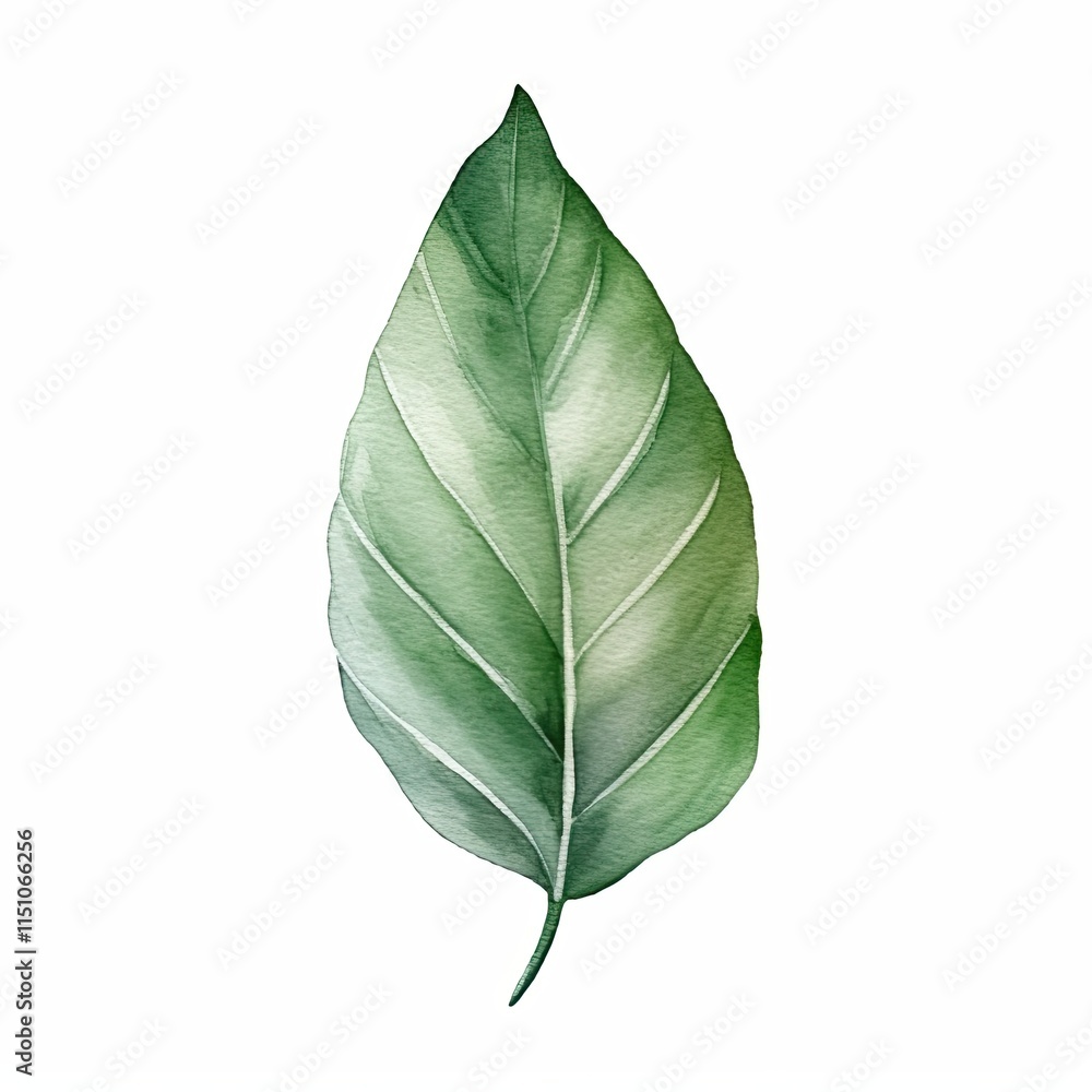 Obraz premium Watercolor Illustration of a Green Leaf, Delicate watercolor painting of a single green leaf with soft gradients and natural details, ideal for botanical and artistic designs.
