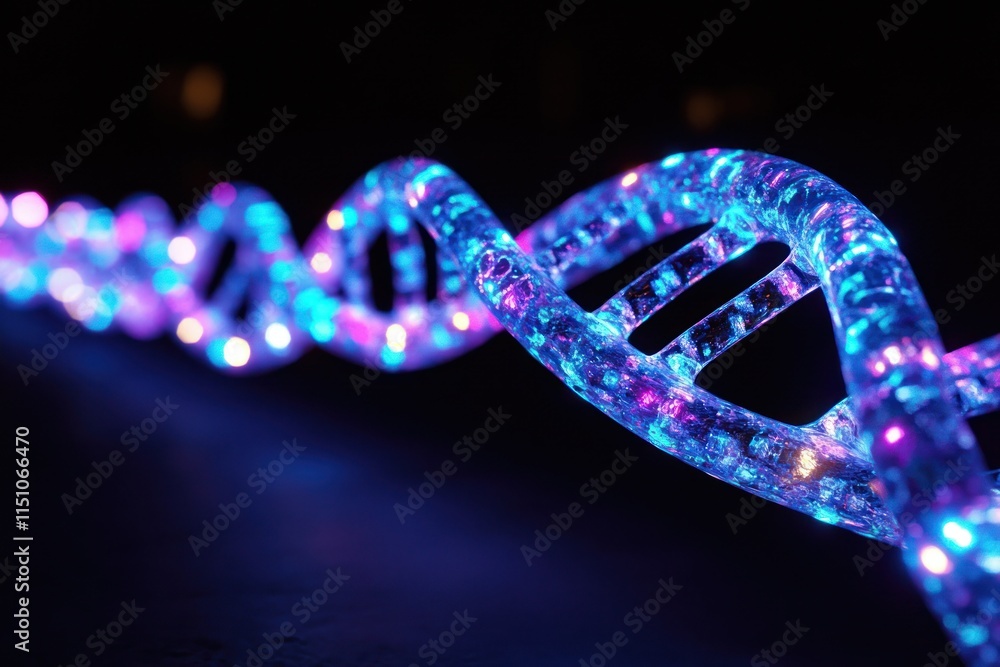 Colorful Illuminated DNA Helix Model on Dark Background, Representing Genetic Science, Biotechnology Concepts, and Molecular Biology Research Colorful Illuminated DNA Helix Model on Dark Background, Representing Genetic Science, Biotechnology Concepts, and Molecular Biology Research