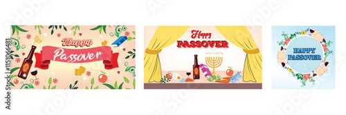 PrintJewish holiday horizontal invitation.  Traditional Items and Symbolism. Floral Passover Greeting Design with Matzah and Wine. Set flat vector modern illustration