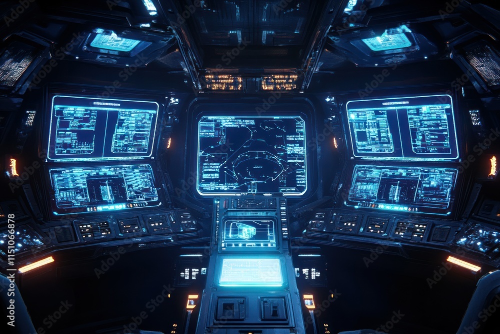 Futuristic Spacecraft Control Room with Advanced Technology Interfaces and Multiple Screens Highlighting Data Displays in a Sci-Fi Environment Futuristic Spacecraft Control Room with Advanced Technology Interfaces and Multiple Screens Highlighting Data Displays in a Sci-Fi Environment