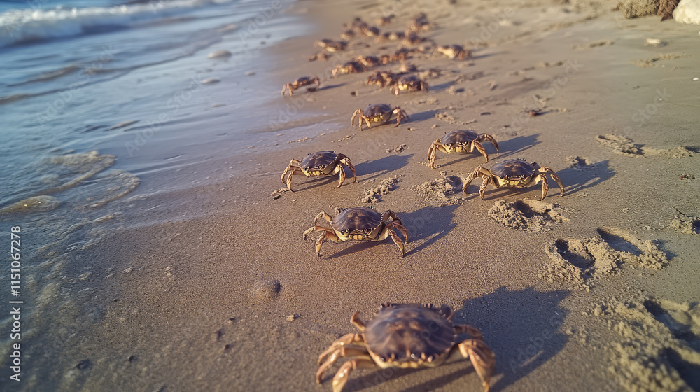 Obraz premium Close up of crabs walking along sandy beach, creating lively scene. sun reflects on water, enhancing natural beauty of coastal environment