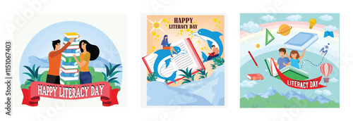 A boy and a girl are stacking up and collecting books to read together. Dolphins and Books in a Tropical Setting. A Boy and a Girl Fly Over a Book. Set flat vector modern illustration
