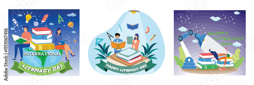 Happy Literacy Day.   Happy student day reading books. Books and robot lights. Set flat vector modern illustration