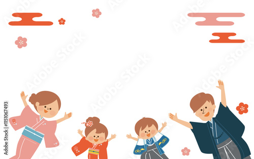 正月　七五三　日本の着物を着た家族のイラスト