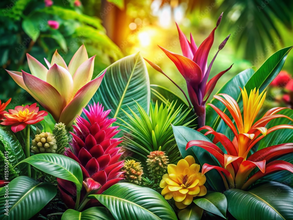 Obraz premium AI Photo: Tropical Plants Bokeh Effect - Palm Leaves, Monstera, Succulents