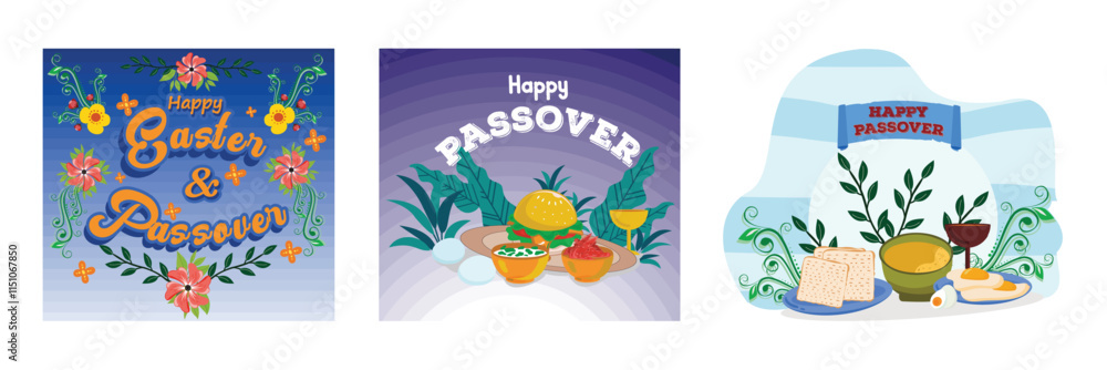 Festive Happy Easter and Passover. Decorative Seder Plates and festive food. Arrangement with Matzah, Simple Plate Wine Cup. Set flat vector modern illustration Festive Happy Easter and Passover. Decorative Seder Plates and festive food. Arrangement with Matzah, Simple Plate Wine Cup. Set flat vector modern illustration