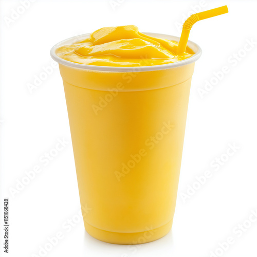 Mango smoothie with chunks in plastic cup isolated white background