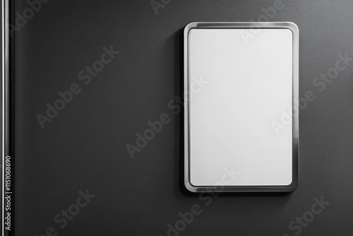 White placard on stainless frame with grey wall background. Free space on the right for designer. 