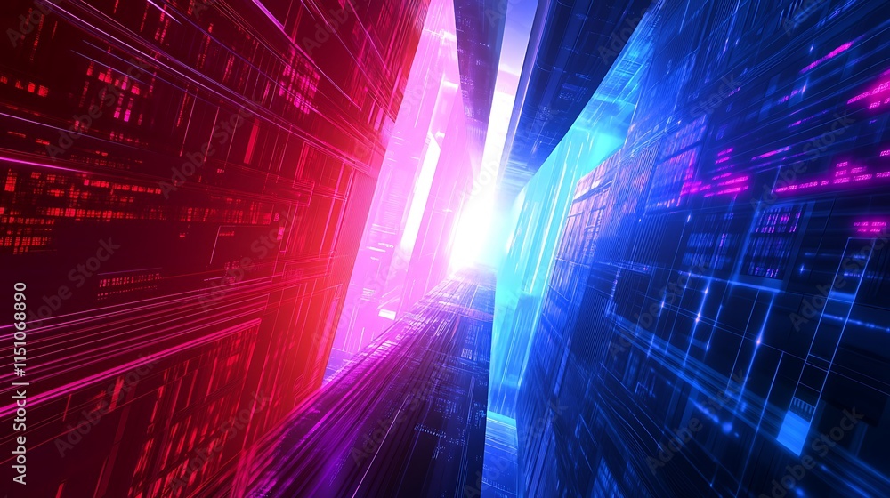 Fototapeta premium Abstract digital tunnel with red and blue glowing lines.